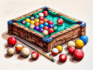 A pool table with a bunch of balls and a pool stick