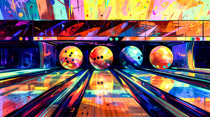 A bowling alley with four bowling balls in the foreground