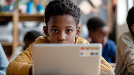 Young African American student using laptop in classroom.
