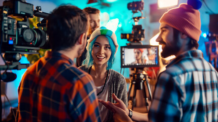 Vibrant behind-the-scenes of a creative film production. A lively moment on a film set with a young, dynamic crew engaged in a production discussion.