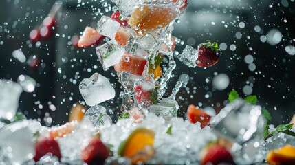 High-speed capture of ice cubes, strawberries, and fresh mint caught in a dynamic splash of water...