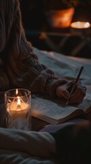 Woman writing journal cozy candle candlelight illuminated sweater pen