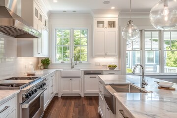 Modern Cape Cod Kitchen with White Cabinetry and Marble Countertops