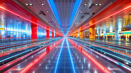 A long, empty, red, blue, and white hallway with a red stripe