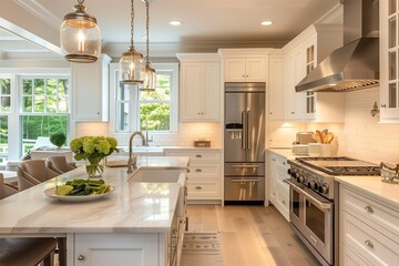 Modern Cape Cod Kitchen with White Cabinetry and Marble Countertops