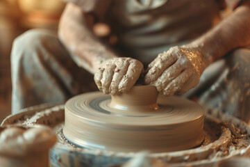 Potter Molds Wet Clay on a Spinning Wheel, Creating a New Ceramic Vase