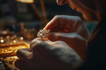 Jeweler Intently Works on Assembling an Intricate Piece of Jewelry - Powered by Adobe