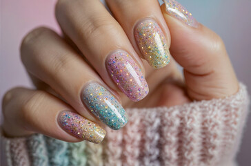 A hand with a gold and rainbow nail polish with glitter on it. The hand in a sweater