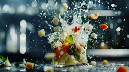 High-speed capture of ice cubes, strawberries, and fresh mint caught in a dynamic splash of water...