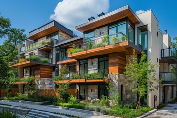 Modern multifamily home exterior showcasing clean architectural lines, a mix of natural wood and stone facades, and lush landscaping.