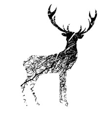 Deer silhouette from tree branches. hand drawing. Not AI, Vector illustration