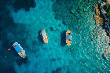 Boats from air. Aerial view on sea in Turkey. Summer seascape with clear water in sunny day. Top view of boats from drone. Summer seascape from air. Travel