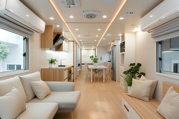 Fototapeta premium Modern Minimalist Mobile Home Interior with Open Plan Living Space and Natural Light
