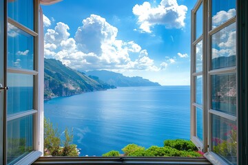 Scenic open window view of the Mediterranean Sea from a room, wanderlust, traveling, traveler  © GHArtwork