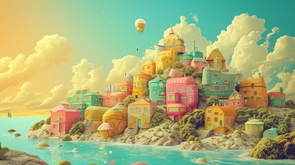 a painting of a colorful city on a hill with a lake below it and a hot air balloon flying over it..