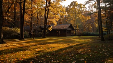 Fototapeta premium a house in the woods with a lot of trees around it and a lot of leaves on the ground..