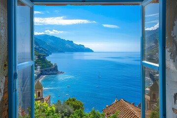 Scenic open window view of the Mediterranean Sea from a room, wanderlust, traveling, traveler 