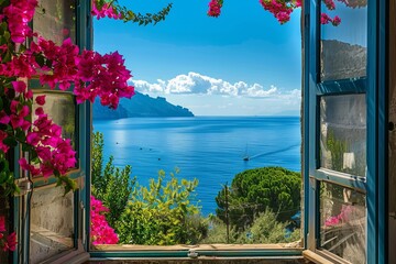 Scenic open window view of the Mediterranean Sea from a room, wanderlust, traveling, traveler 