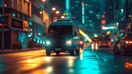 Obraz premium a van driving down a city street at night time