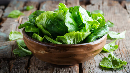 Bowl of Lettuce on Wooden Table