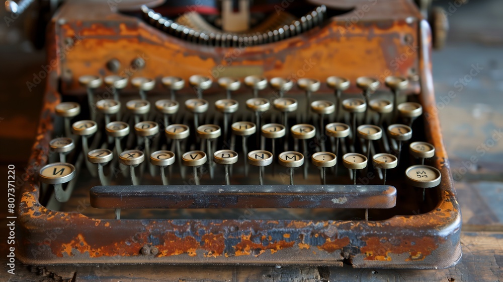 Fototapete an old fashioned typewriter with lots of keys and a lot of rust on it's side