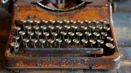 an old fashioned typewriter with lots of keys and a lot of rust on it's side