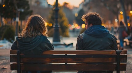 a man and a woman sitting on a bench looking at the street lights in the distance