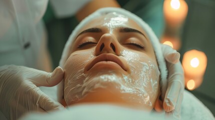 a woman getting a facial mask on her face with candles in the background