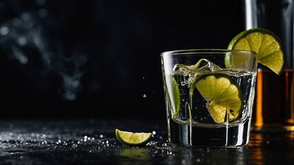 Glass of tequila and lime, on a black background.