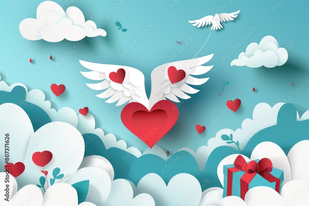 Poster a red heart with wings flying in the sky. suitable for love and valentine's day concepts