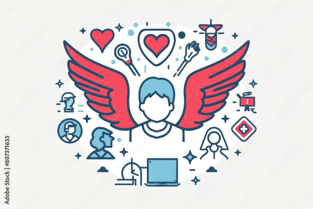 Poster person with wings using laptop, surrounded by icons. suitable for technology concepts