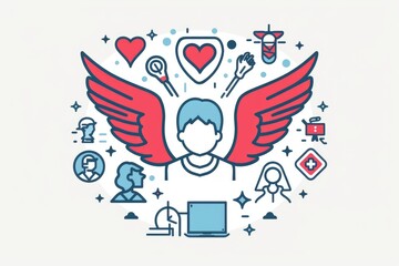 Person with wings using laptop, surrounded by icons. Suitable for technology concepts