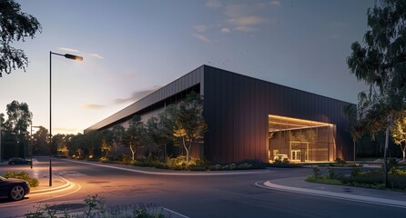 a building with a car parked in front of it at night time