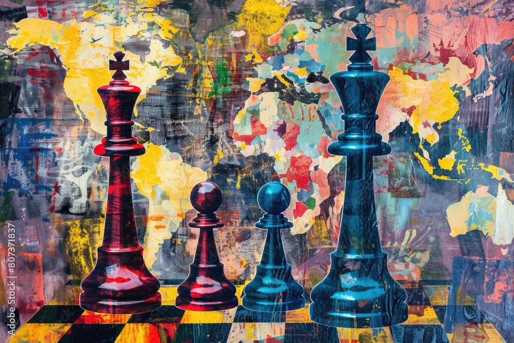 Poster chess game being played with a world map in the background, suitable for educational materials or st