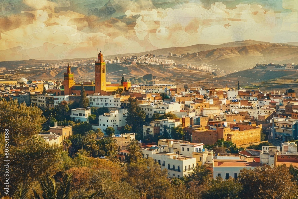 Poster a picturesque view of a town with a prominent clock tower. suitable for travel and architecture conc