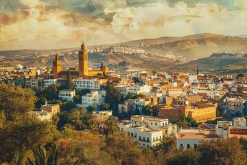 Fototapeta premium A picturesque view of a town with a prominent clock tower. Suitable for travel and architecture concepts