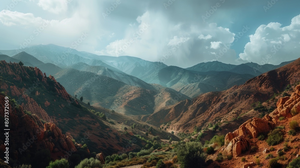Aufkleber scenic view of a valley with majestic mountains in the background. ideal for travel and nature conce