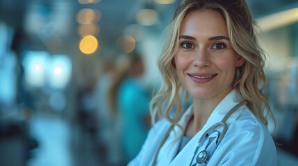 Portrait of adult beautiful smiling woman doctor in doctor's coat with stethoscope, modern medicine 