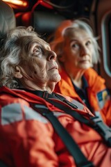 Obraz premium Two women wearing orange jackets sitting together. Suitable for lifestyle or friendship concepts