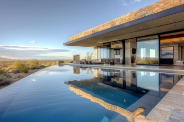 Fototapeta premium Sleek and modern desert home oasis featuring a seamless indoor-outdoor design with a luxurious infinity pool