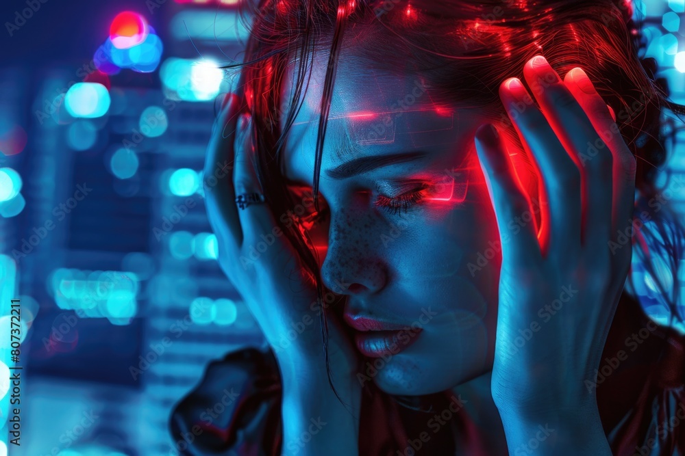 Poster a woman with a red light illuminating her face. suitable for use in spooky or mysterious themes