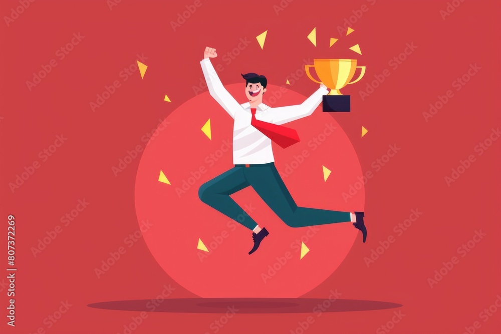 Poster a man in a business suit jumping with a trophy. perfect for business success concepts