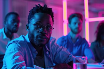 A man with glasses sitting at a table in front of a group of people. Suitable for business presentations