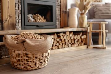 Fototapeta premium Basket with pellets and firewood near mantelpiece in living room 