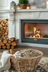 Basket with pellets and firewood near mantelpiece in living room
