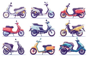 A set of different colored scooters on a white background. Ideal for advertising and transportation concepts
