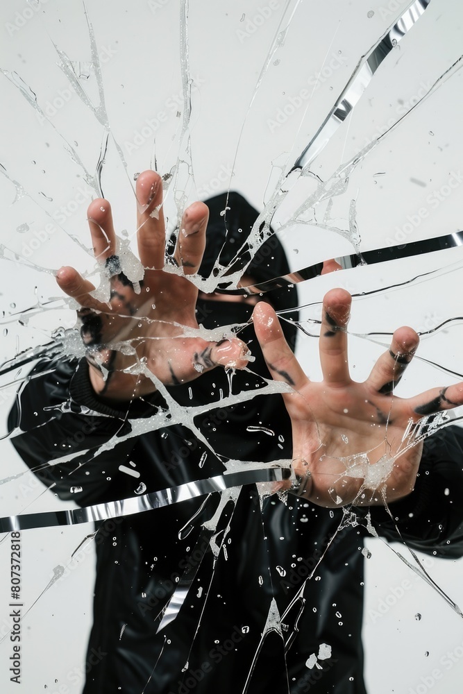 Poster a man in a black hoodie breaking a glass window. can be used for security or crime-related concepts