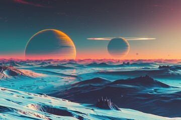 Two large planets: a smaller one on the right and a larger one on the left. The sky is a gradient of blue and pink. Below the planets there are mountains covered with snow.