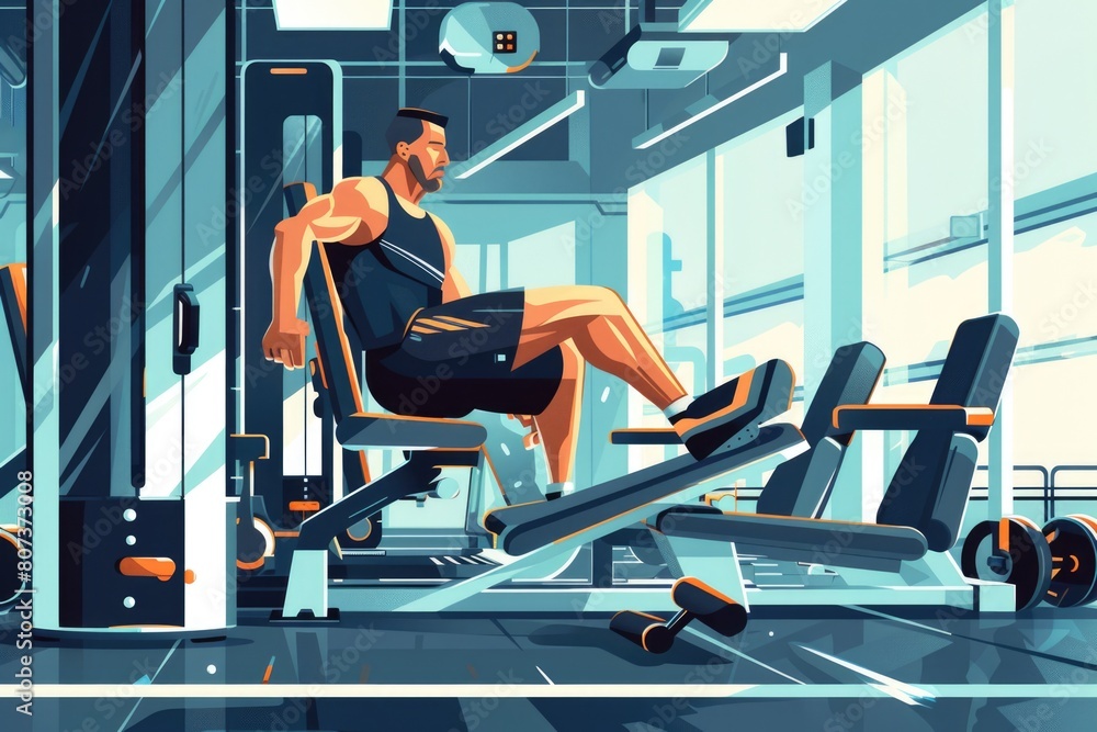Poster A man sitting on a bench in a gym. Can be used for fitness and exercise concepts