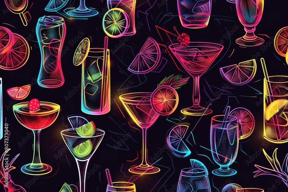 Poster various types of beverages on a dark surface, ideal for menu designs